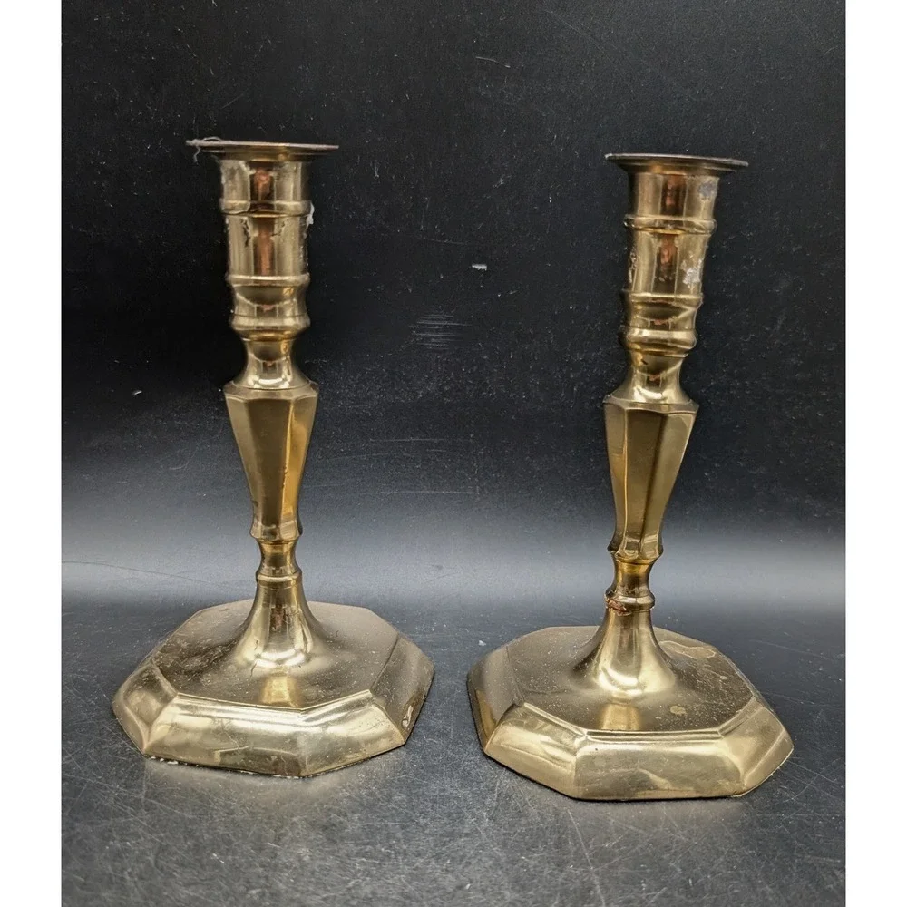 Vintage Weighted Brass Candlesticks Set/2 Octagon Base India Gold Taper Holder